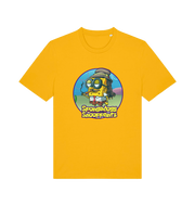 yellow funny music t-shirt featuring a cartoon sponge dressed like snoop dogg and the slogan 'spongedogg snooppants'