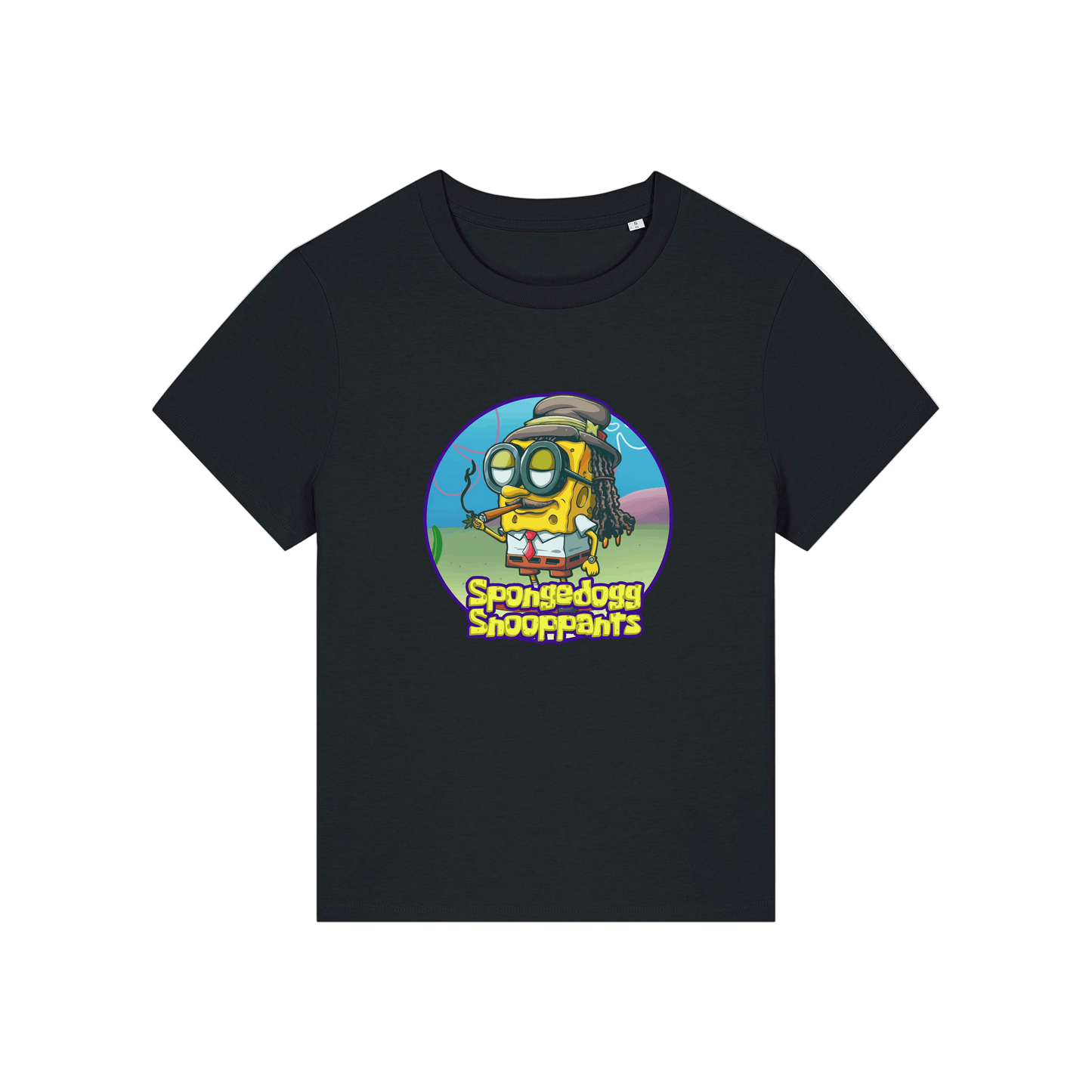 black funny graphic t-shirt with the graphic of spongebob dressed as snoopdogg and the slogan 'spongedogg snooppants'