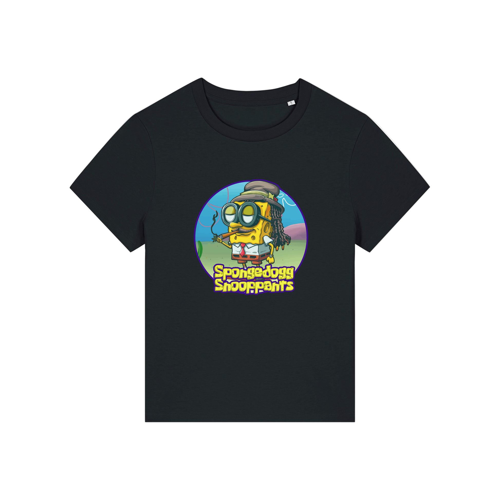 black funny graphic t-shirt with the graphic of spongebob dressed as snoopdogg and the slogan 'spongedogg snooppants'
