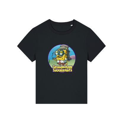 black funny graphic t-shirt with the graphic of spongebob dressed as snoopdogg and the slogan 'spongedogg snooppants'