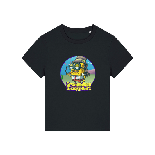black funny graphic t-shirt with the graphic of spongebob dressed as snoopdogg and the slogan 'spongedogg snooppants'