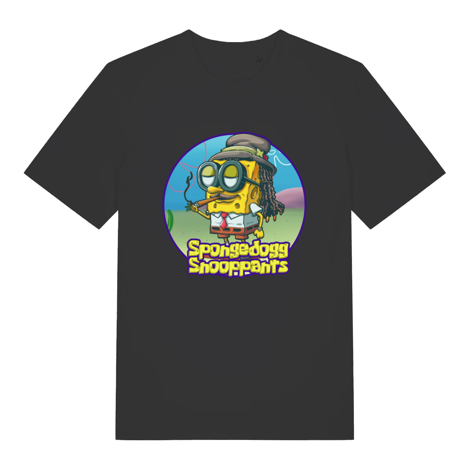 black women's graphic t-shirt with the graphic of spongebob dressed as snopp dogg and the slogan 'spongedogg snooppants'