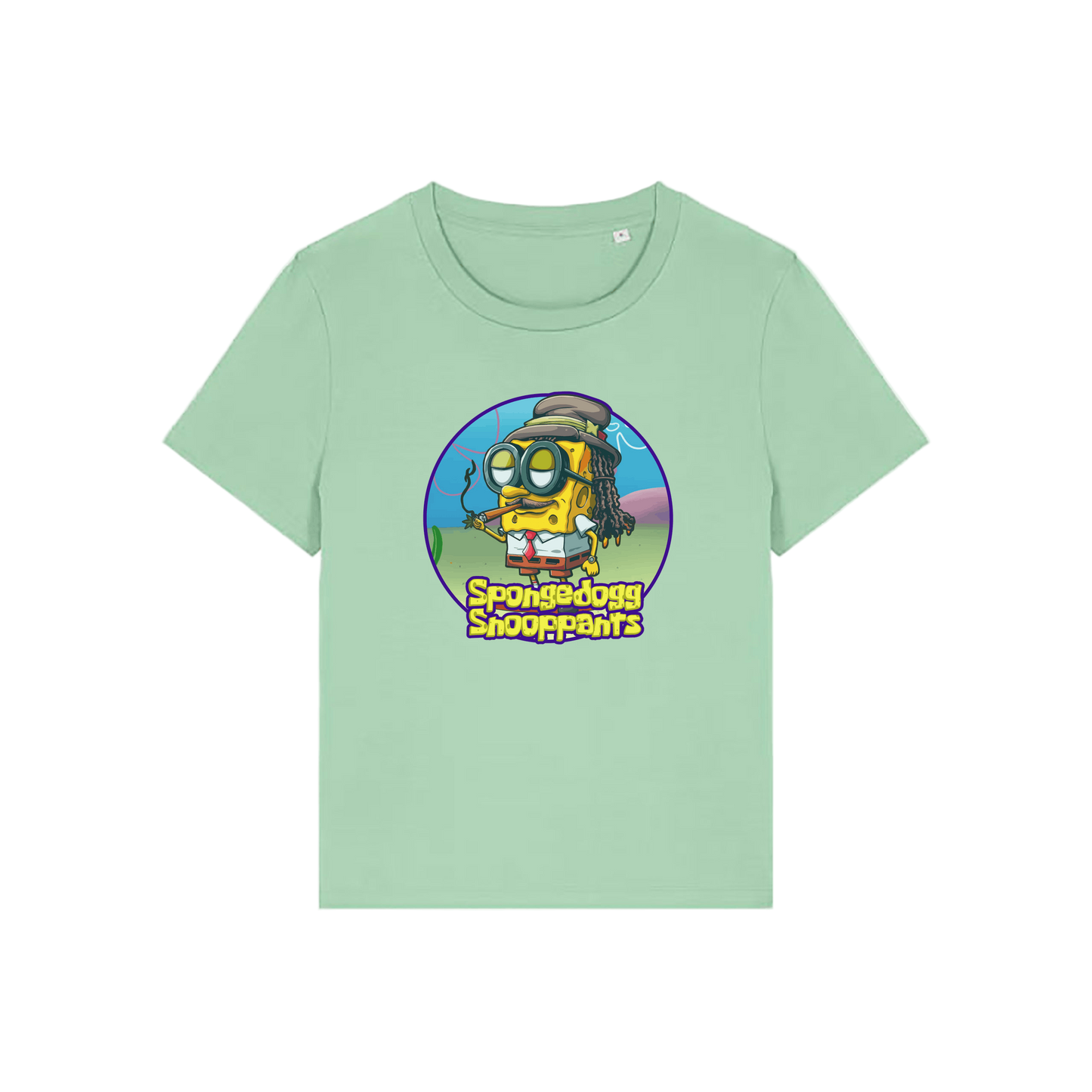 green funny graphic t-shirt with the graphic of spongebob dressed as snoopdogg and the slogan 'spongedogg snooppants'