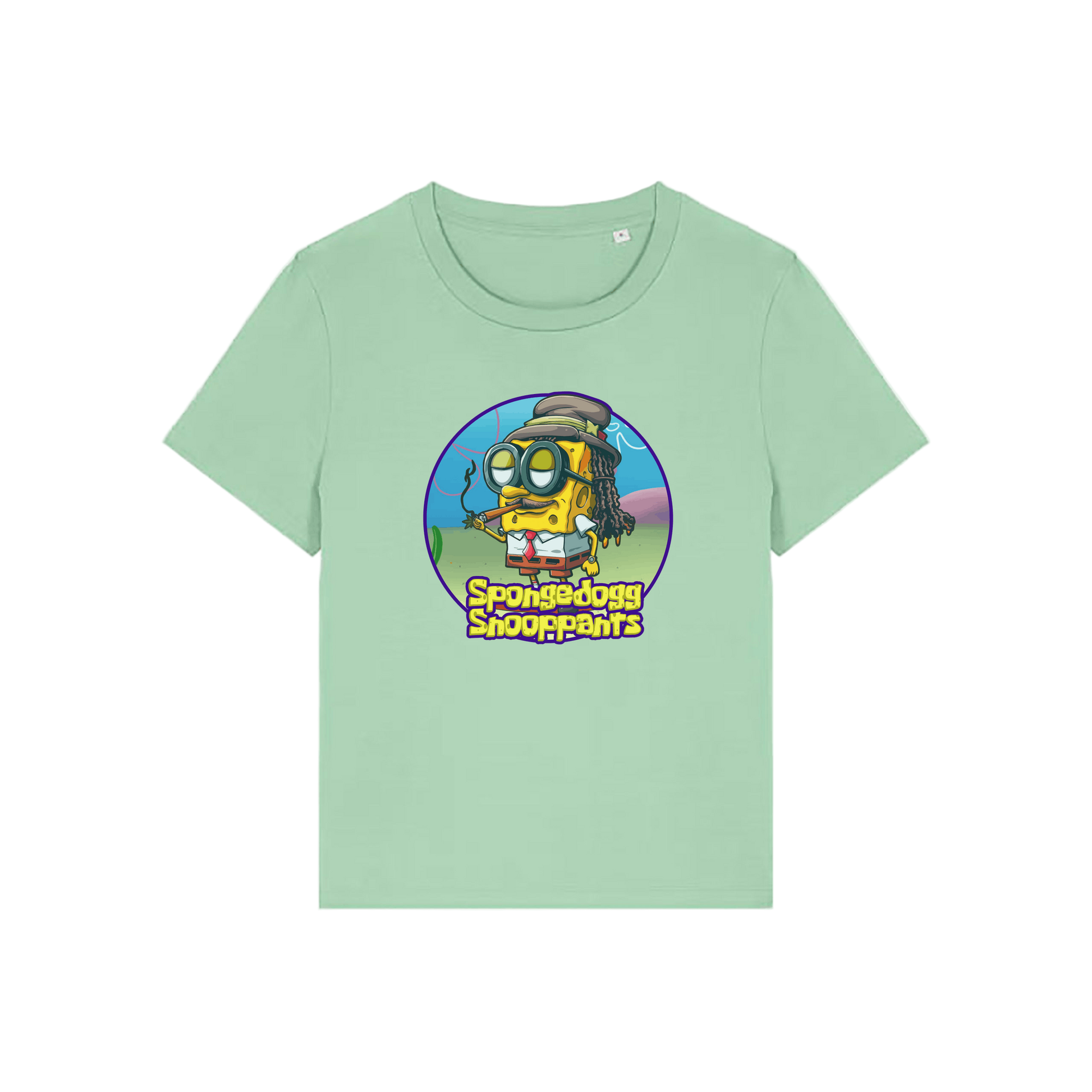 green funny graphic t-shirt with the graphic of spongebob dressed as snoopdogg and the slogan 'spongedogg snooppants'