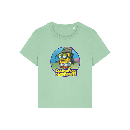 green funny graphic t-shirt with the graphic of spongebob dressed as snoopdogg and the slogan 'spongedogg snooppants'