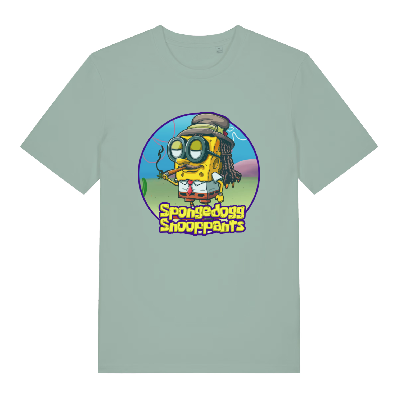 green women's graphic t-shirt with the graphic of spongebob dressed as snopp dogg and the slogan 'spongedogg snooppants'