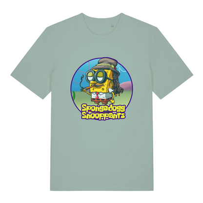 green women's graphic t-shirt with the graphic of spongebob dressed as snopp dogg and the slogan 'spongedogg snooppants'