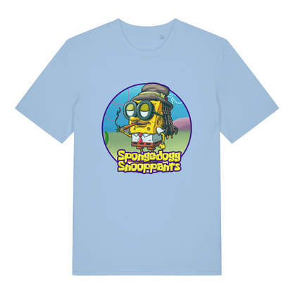 light blue women's graphic t-shirt with the graphic of spongebob dressed as snopp dogg and the slogan 'spongedogg snooppants'