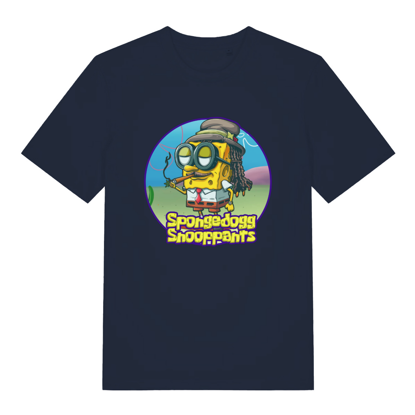 navy women's graphic t-shirt with the graphic of spongebob dressed as snopp dogg and the slogan 'spongedogg snooppants'
