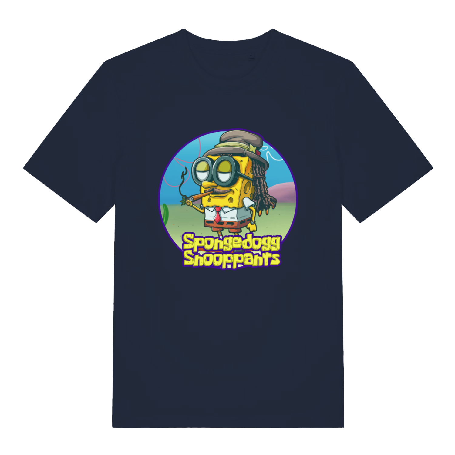 navy women's graphic t-shirt with the graphic of spongebob dressed as snopp dogg and the slogan 'spongedogg snooppants'