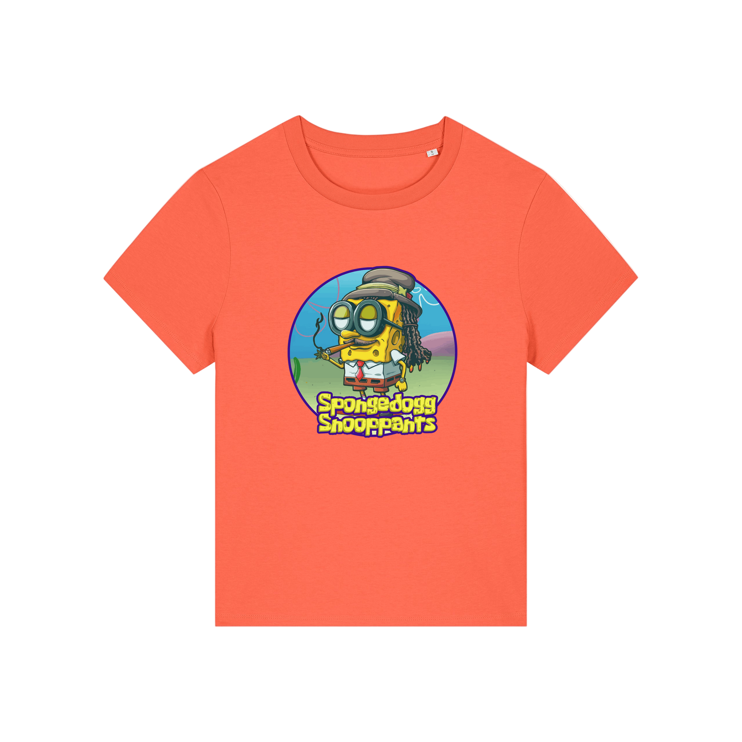 orange funny graphic t-shirt with the graphic of spongebob dressed as snoopdogg and the slogan 'spongedogg snooppants'