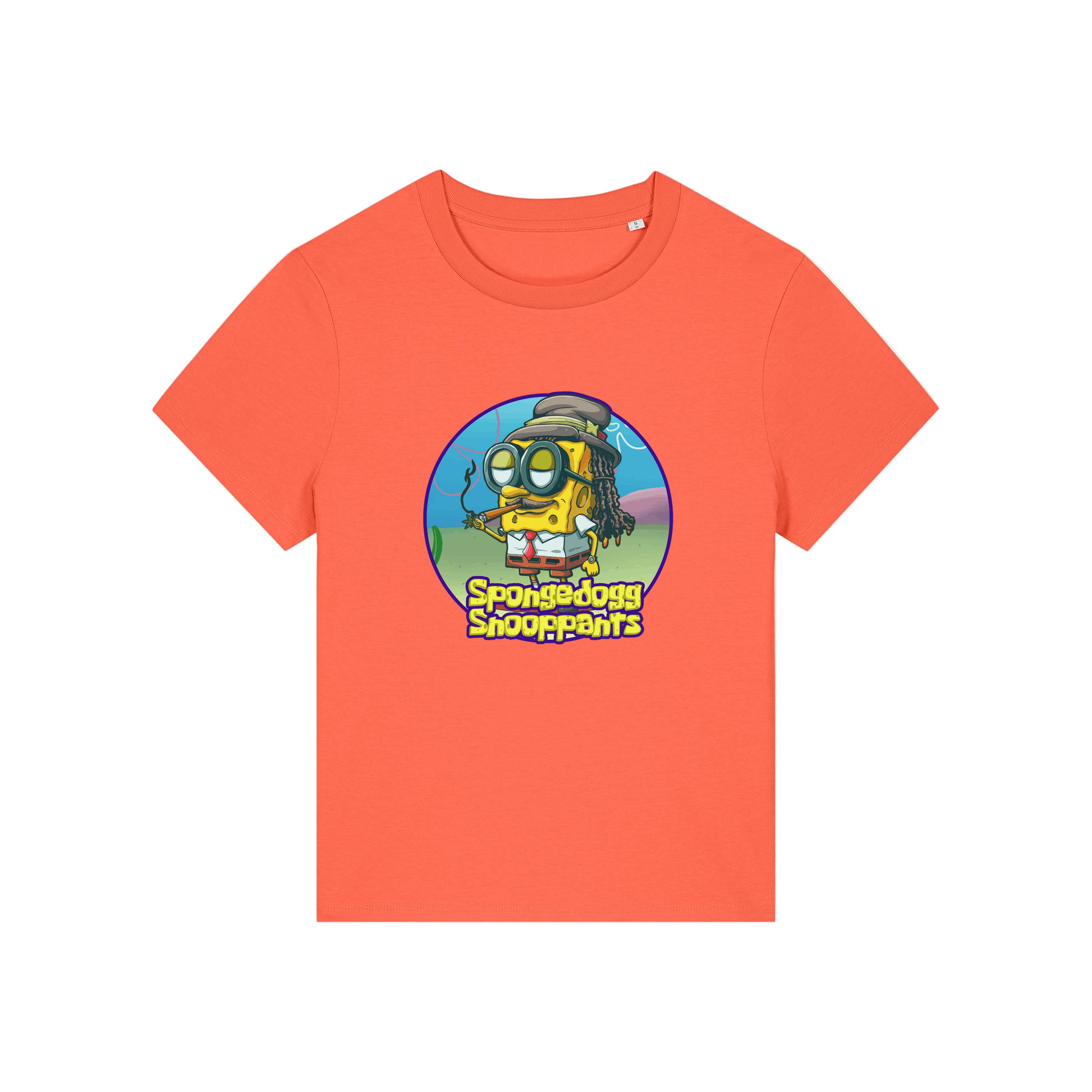 orange funny graphic t-shirt with the graphic of spongebob dressed as snoopdogg and the slogan 'spongedogg snooppants'