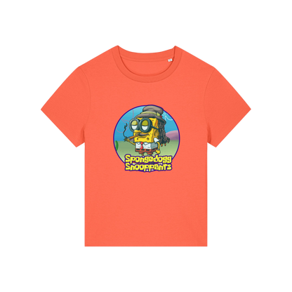 orange funny graphic t-shirt with the graphic of spongebob dressed as snoopdogg and the slogan 'spongedogg snooppants'