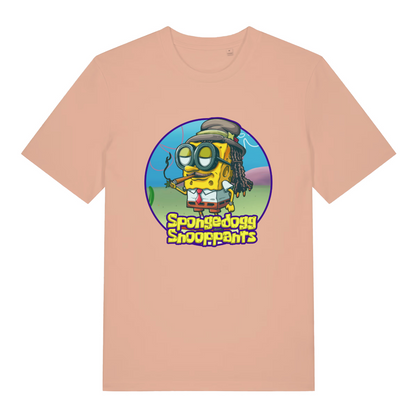 peach women's graphic t-shirt with the graphic of spongebob dressed as snopp dogg and the slogan 'spongedogg snooppants'