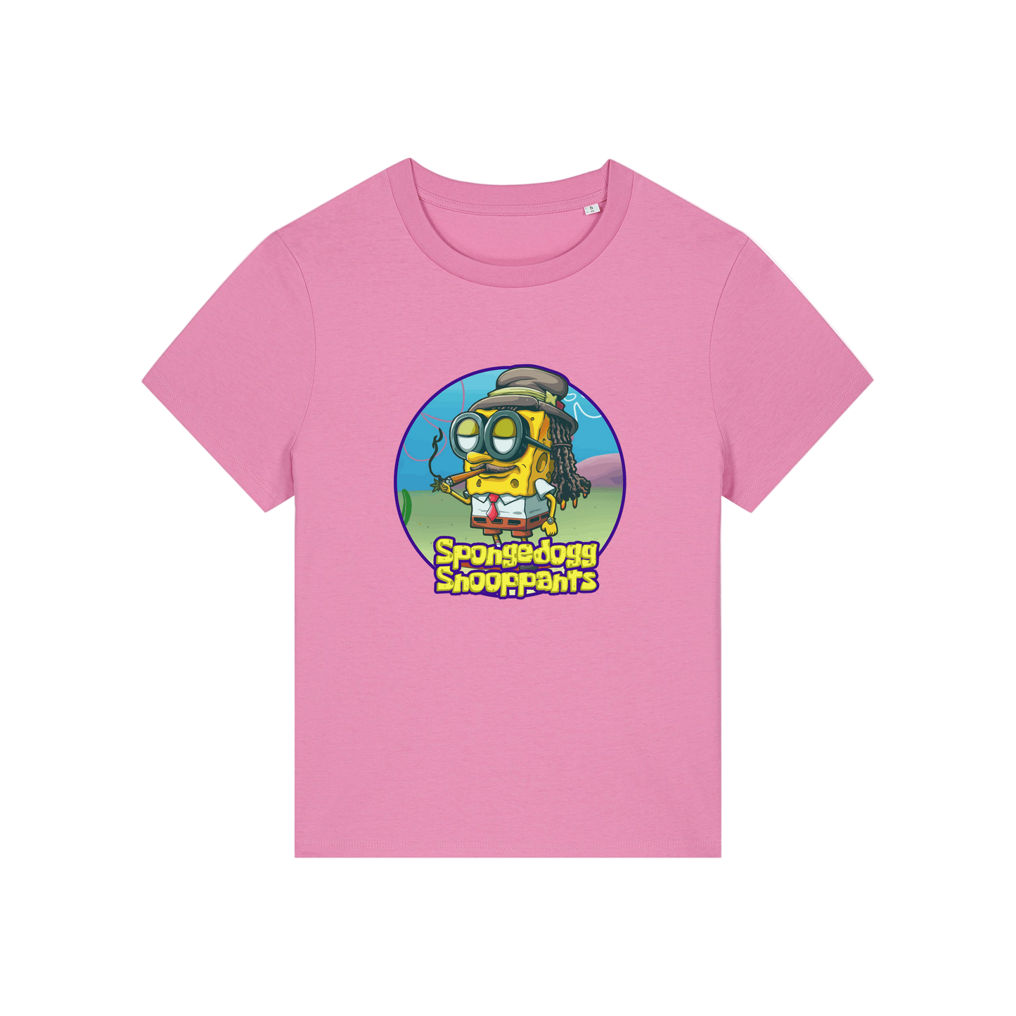 pink funny graphic t-shirt with the graphic of spongebob dressed as snoopdogg and the slogan 'spongedogg snooppants'