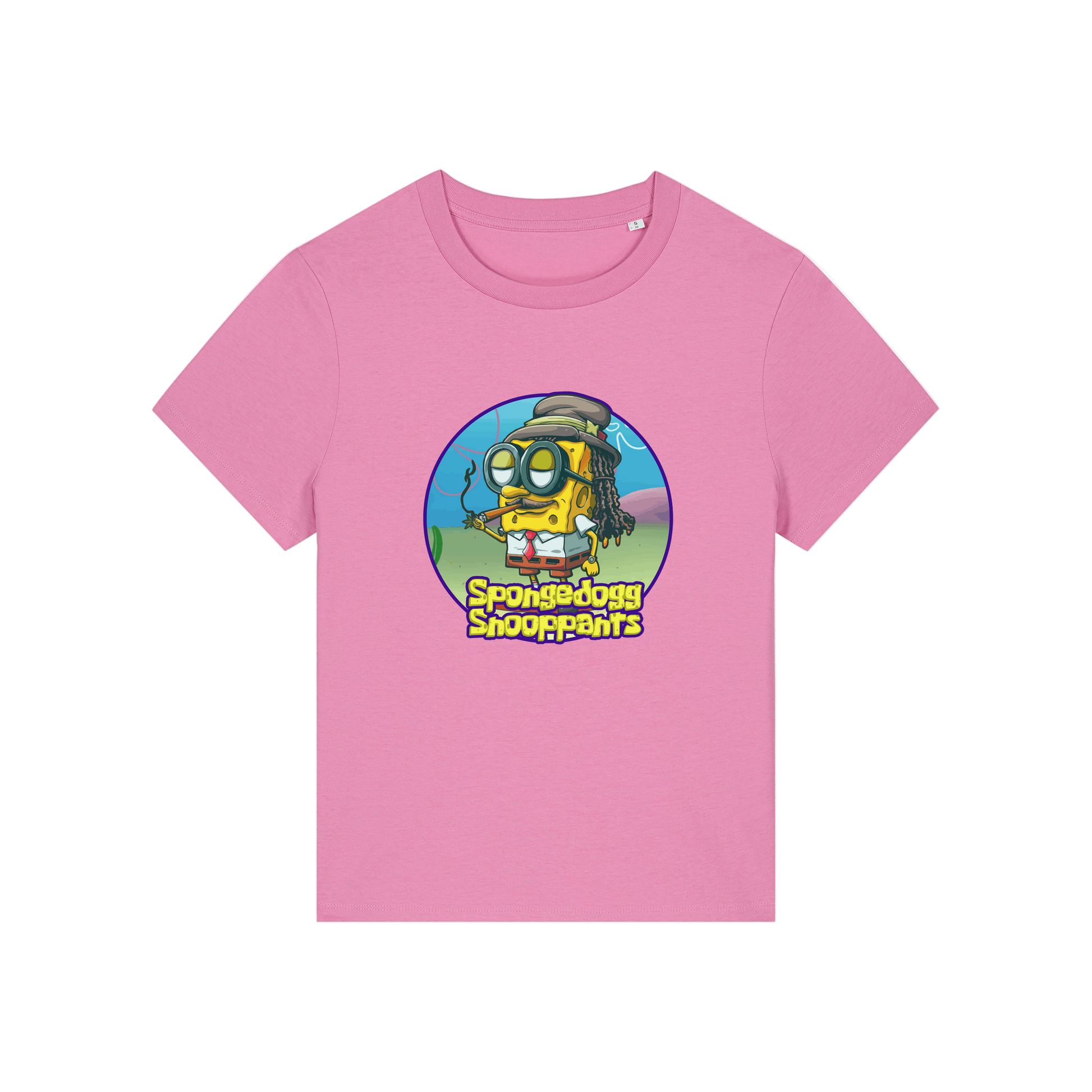pink funny graphic t-shirt with the graphic of spongebob dressed as snoopdogg and the slogan 'spongedogg snooppants'