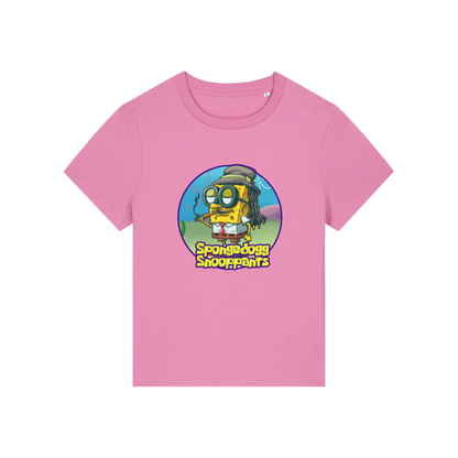 pink funny graphic t-shirt with the graphic of spongebob dressed as snoopdogg and the slogan 'spongedogg snooppants'
