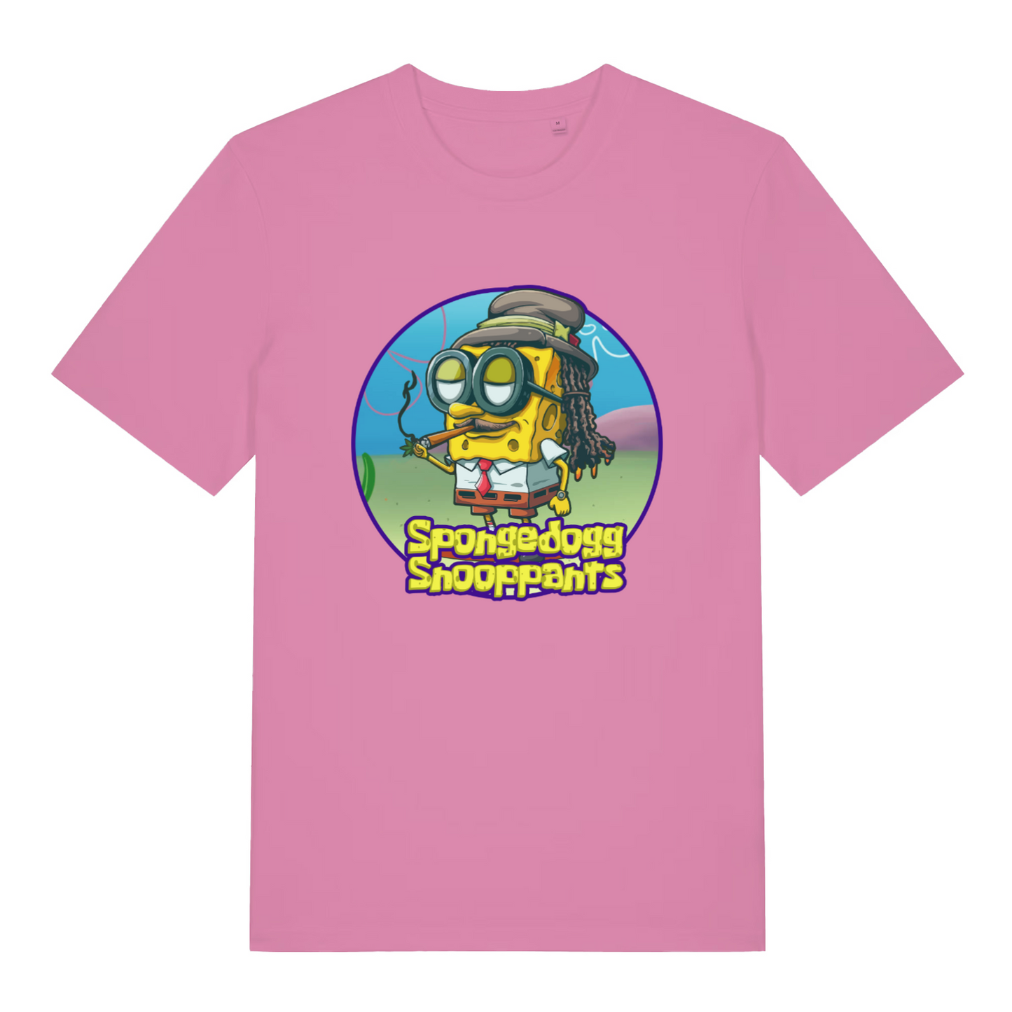 pink women's graphic t-shirt with the graphic of spongebob dressed as snopp dogg and the slogan 'spongedogg snooppants'