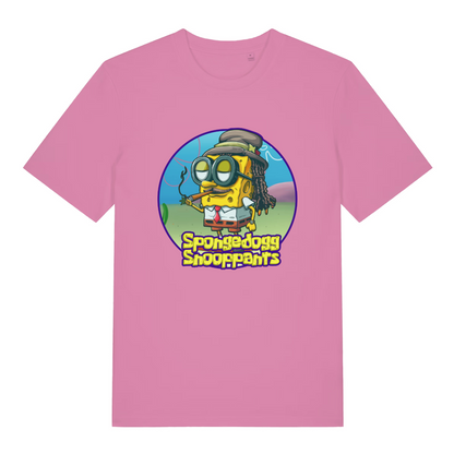pink women's graphic t-shirt with the graphic of spongebob dressed as snopp dogg and the slogan 'spongedogg snooppants'