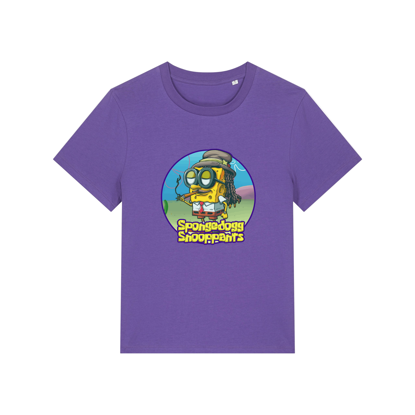 purple funny graphic t-shirt with the graphic of spongebob dressed as snoopdogg and the slogan 'spongedogg snooppants'