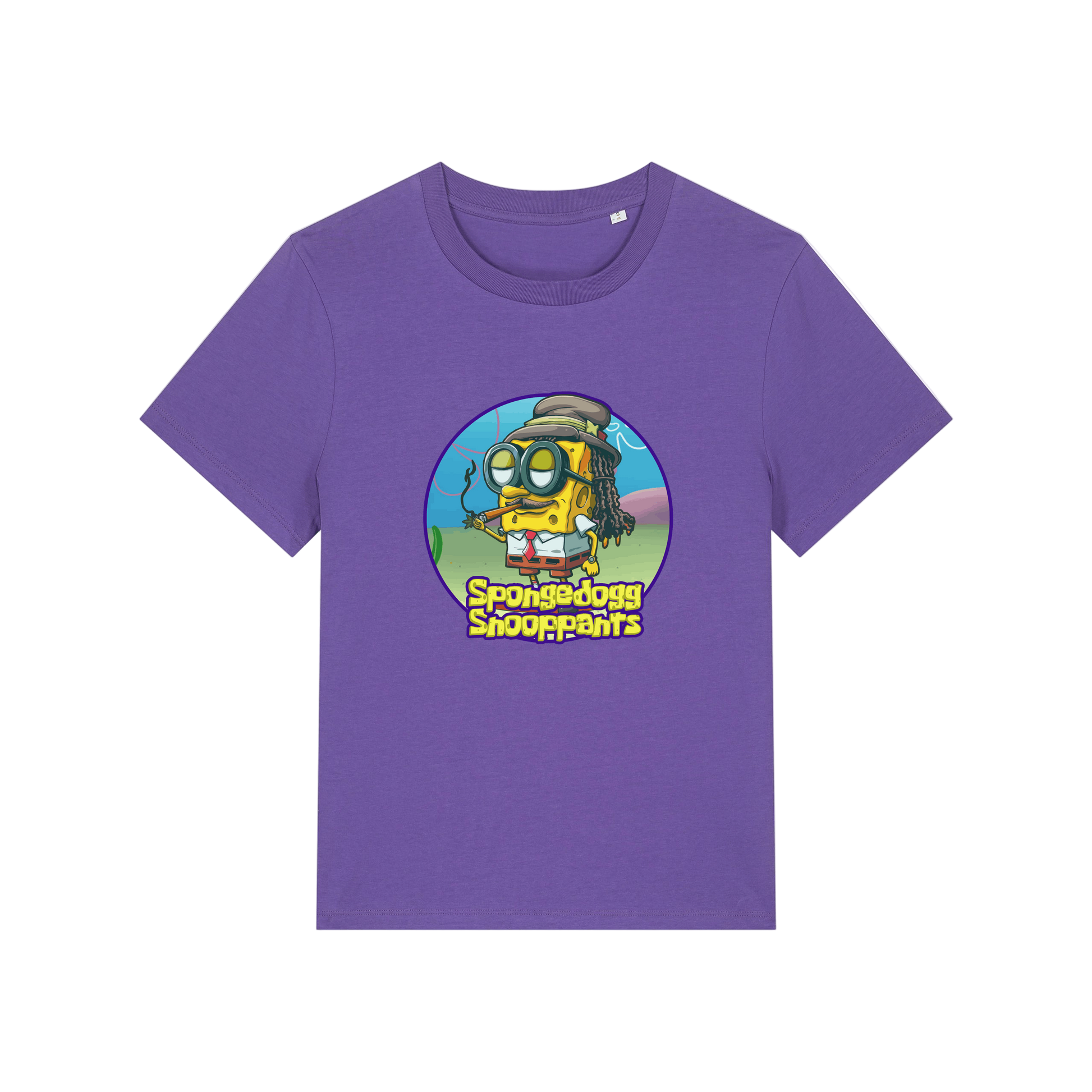 purple funny graphic t-shirt with the graphic of spongebob dressed as snoopdogg and the slogan 'spongedogg snooppants'