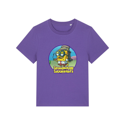 purple funny graphic t-shirt with the graphic of spongebob dressed as snoopdogg and the slogan 'spongedogg snooppants'