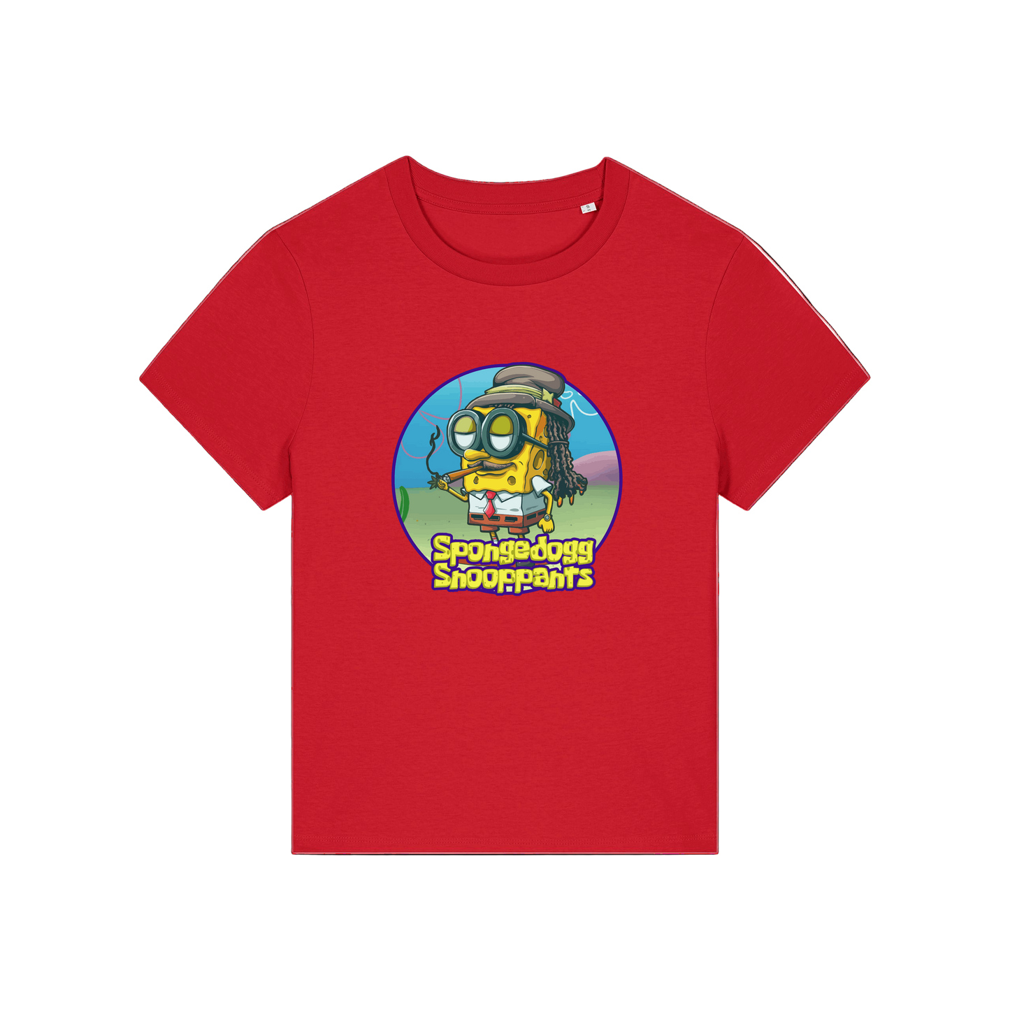 red funny graphic t-shirt with the graphic of spongebob dressed as snoopdogg and the slogan 'spongedogg snooppants'