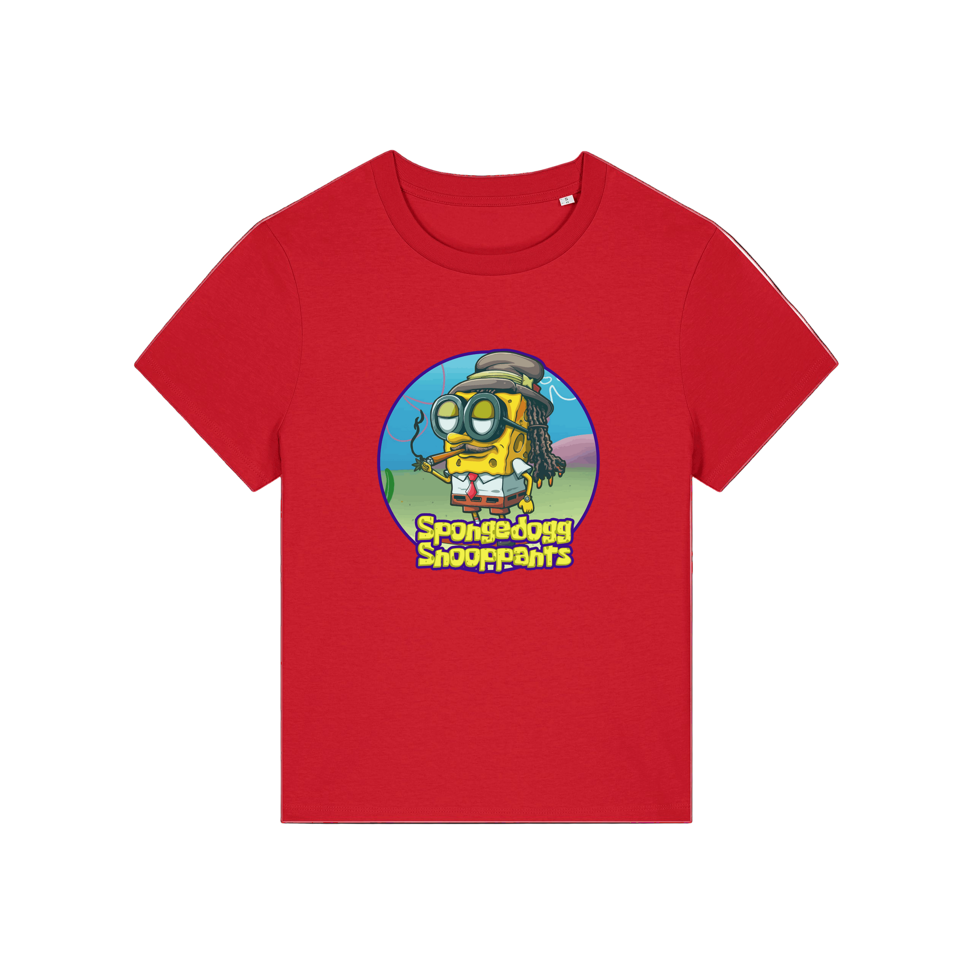 red funny graphic t-shirt with the graphic of spongebob dressed as snoopdogg and the slogan 'spongedogg snooppants'
