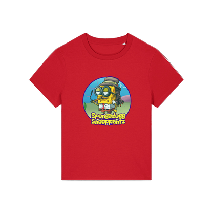 red funny graphic t-shirt with the graphic of spongebob dressed as snoopdogg and the slogan 'spongedogg snooppants'