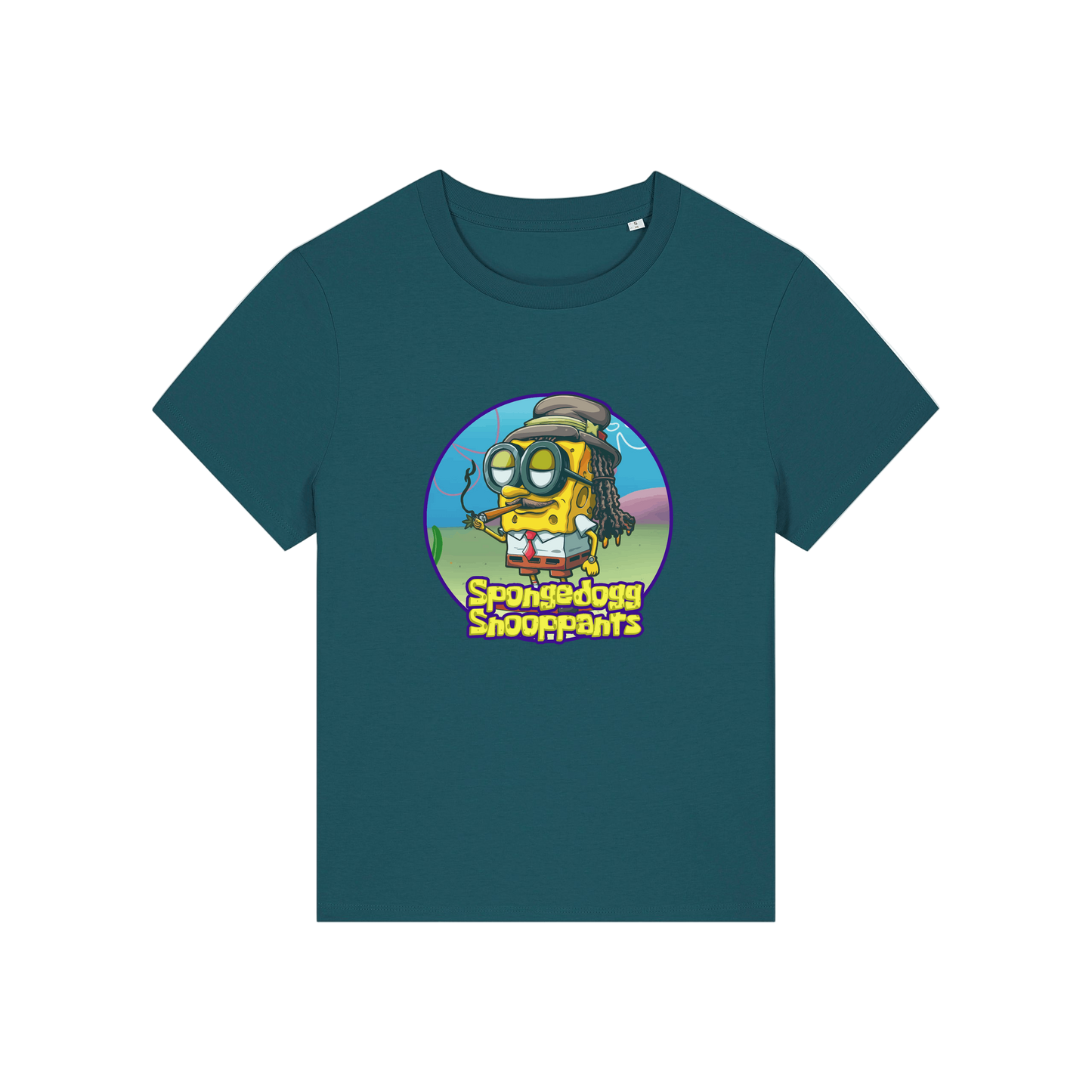 teal funny graphic t-shirt with the graphic of spongebob dressed as snoopdogg and the slogan 'spongedogg snooppants'