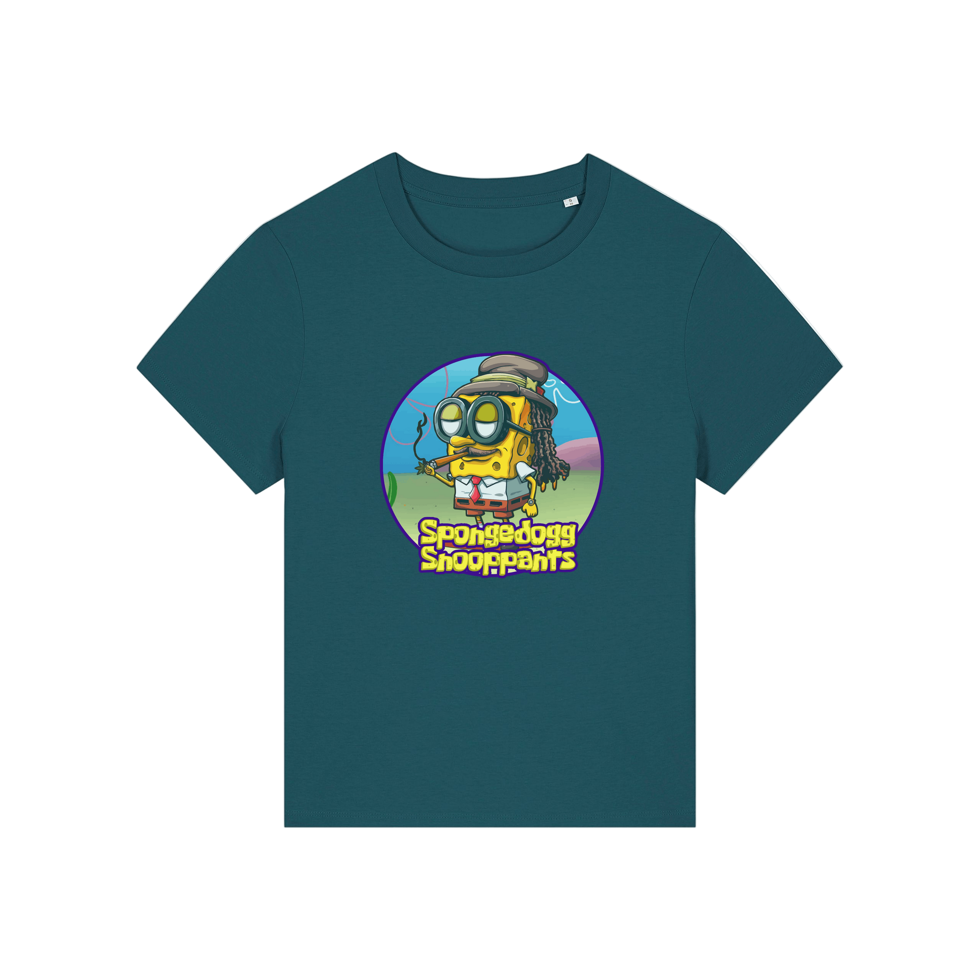 teal funny graphic t-shirt with the graphic of spongebob dressed as snoopdogg and the slogan 'spongedogg snooppants'