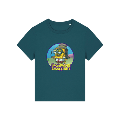 teal funny graphic t-shirt with the graphic of spongebob dressed as snoopdogg and the slogan 'spongedogg snooppants'