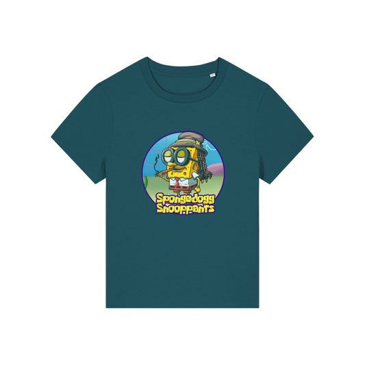 teal funny graphic t-shirt with the graphic of spongebob dressed as snoopdogg and the slogan 'spongedogg snooppants'