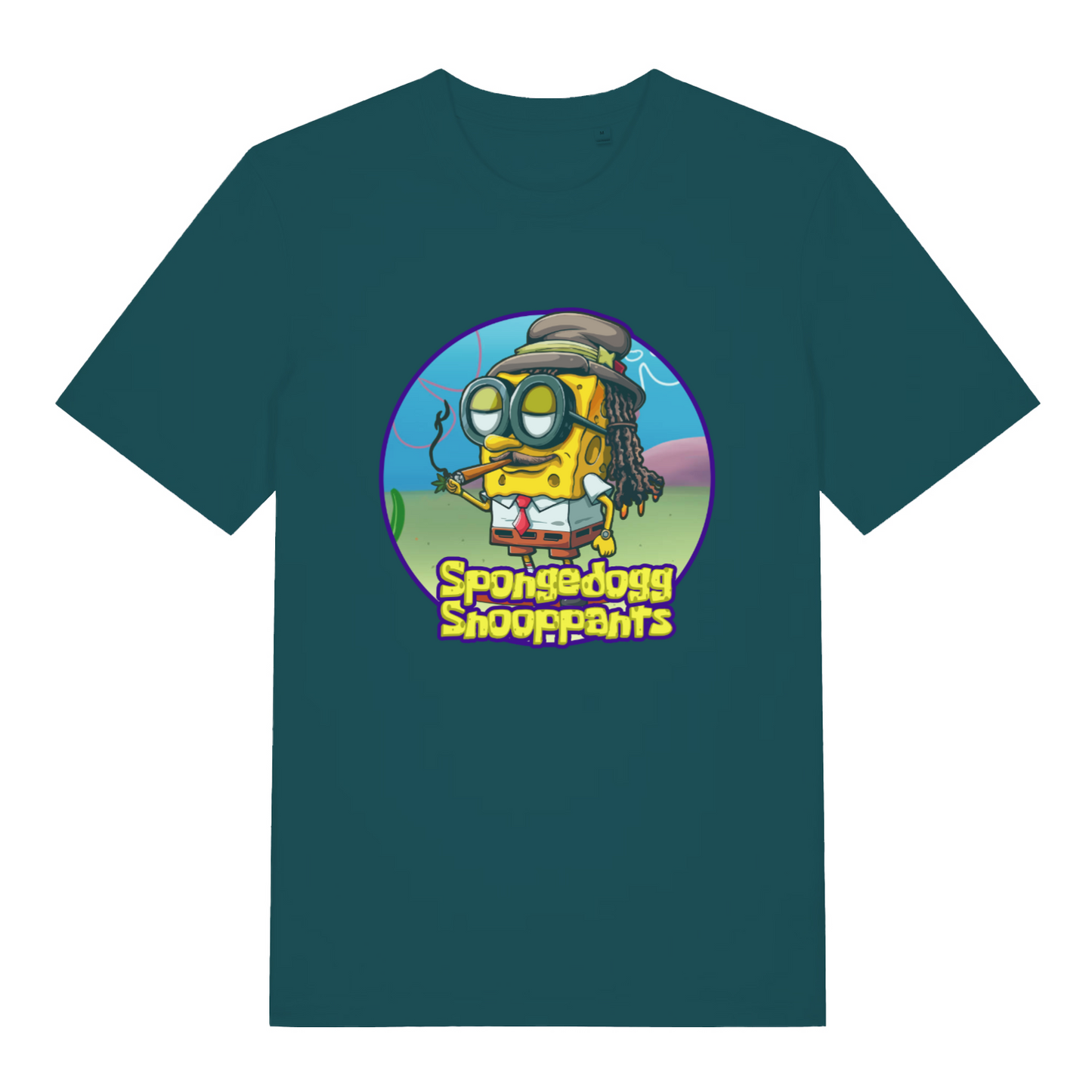 teal women's graphic t-shirt with the graphic of spongebob dressed as snopp dogg and the slogan 'spongedogg snooppants'