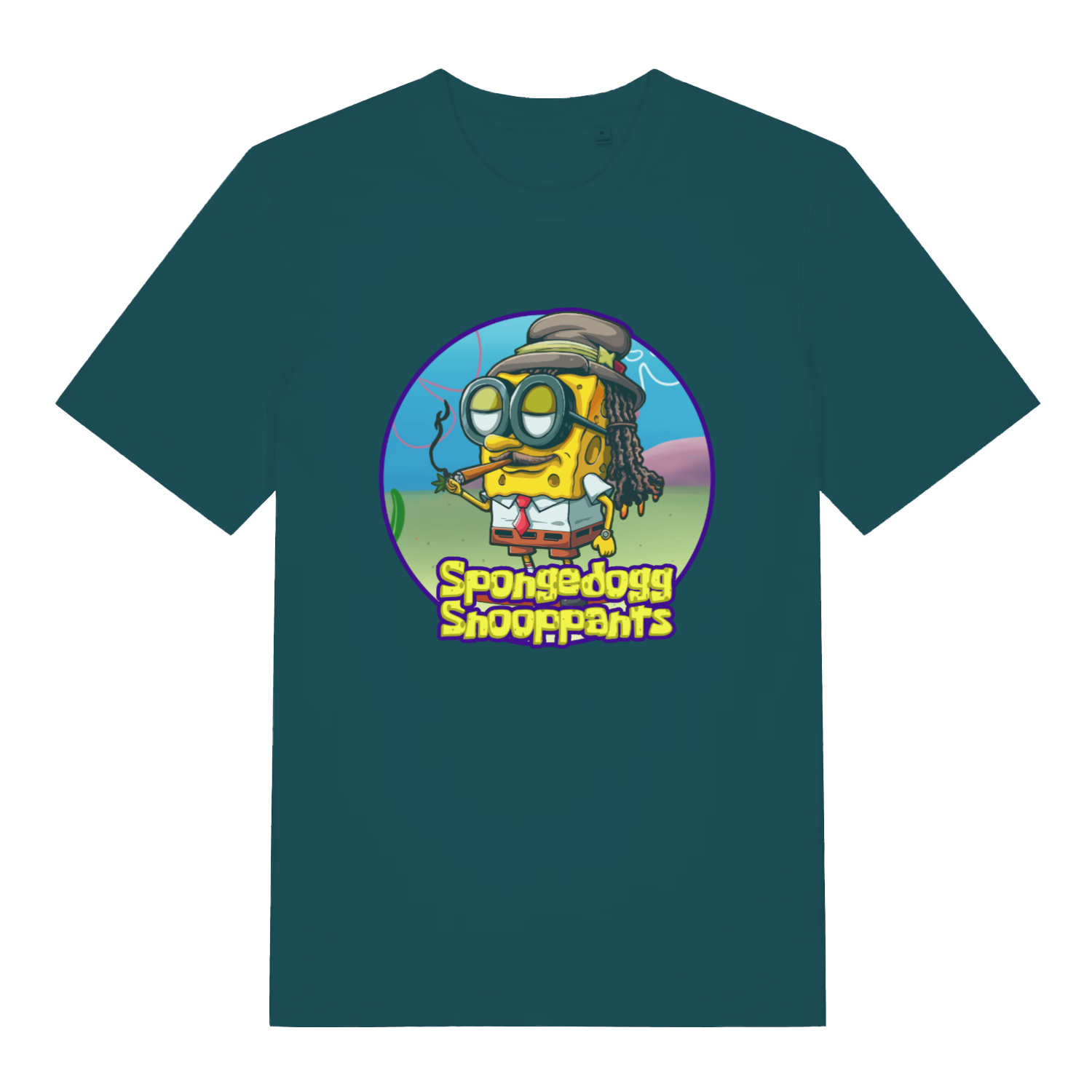teal women's graphic t-shirt with the graphic of spongebob dressed as snopp dogg and the slogan 'spongedogg snooppants'