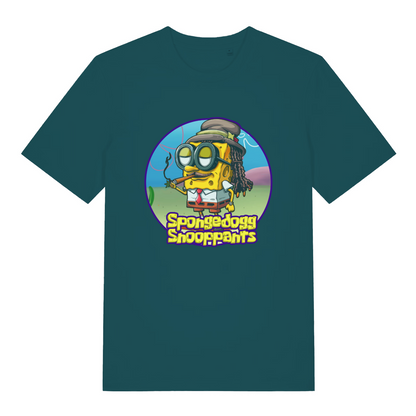 teal women's graphic t-shirt with the graphic of spongebob dressed as snopp dogg and the slogan 'spongedogg snooppants'