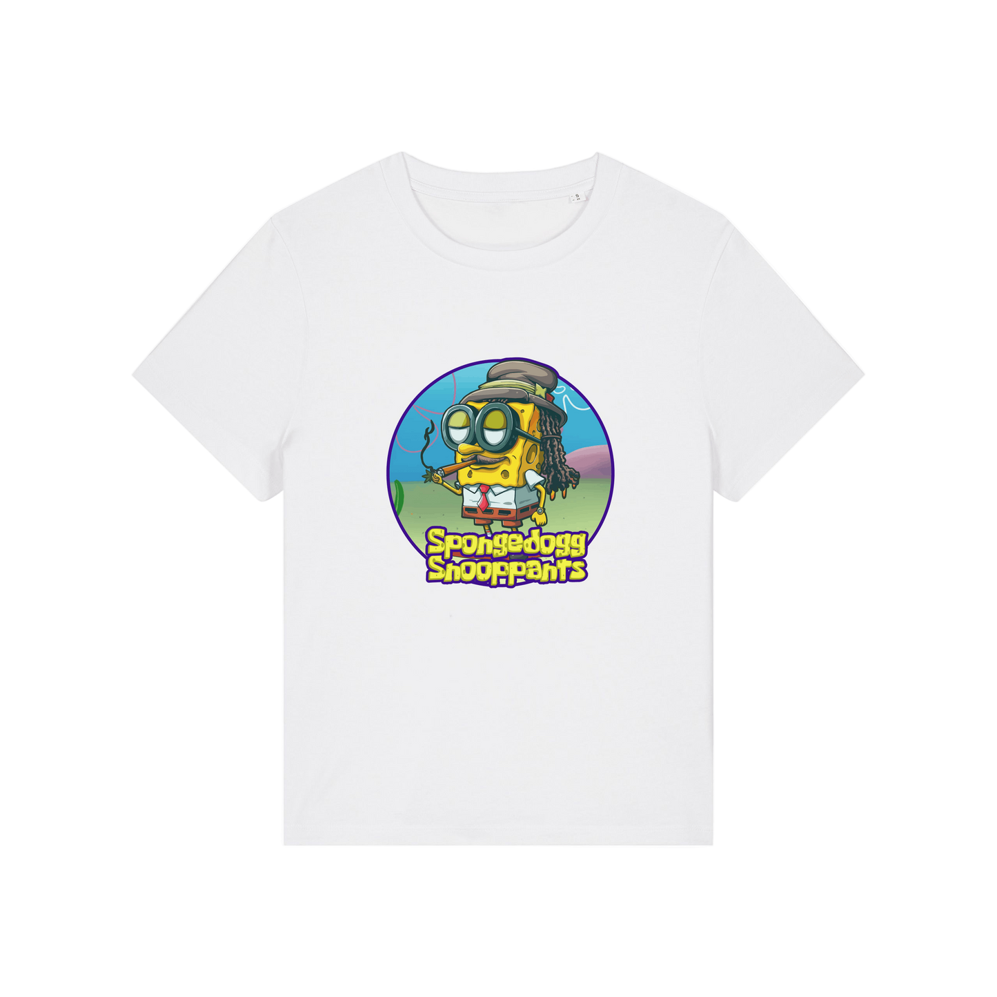 white funny graphic t-shirt with the graphic of spongebob dressed as snoopdogg and the slogan 'spongedogg snooppants'