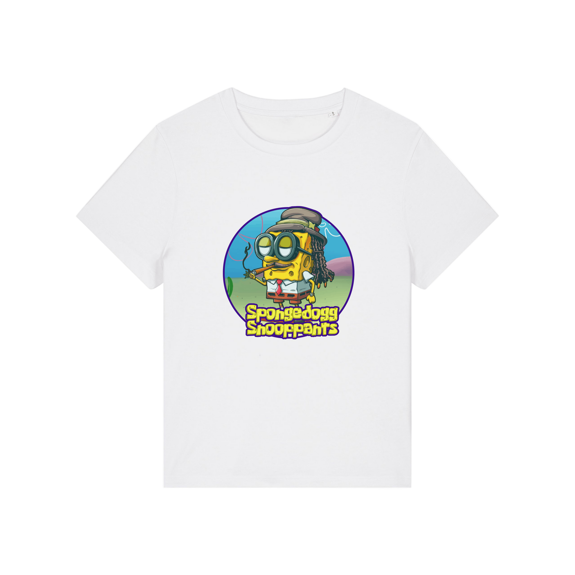 white funny graphic t-shirt with the graphic of spongebob dressed as snoopdogg and the slogan 'spongedogg snooppants'