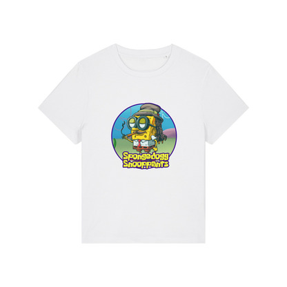 white funny graphic t-shirt with the graphic of spongebob dressed as snoopdogg and the slogan 'spongedogg snooppants'