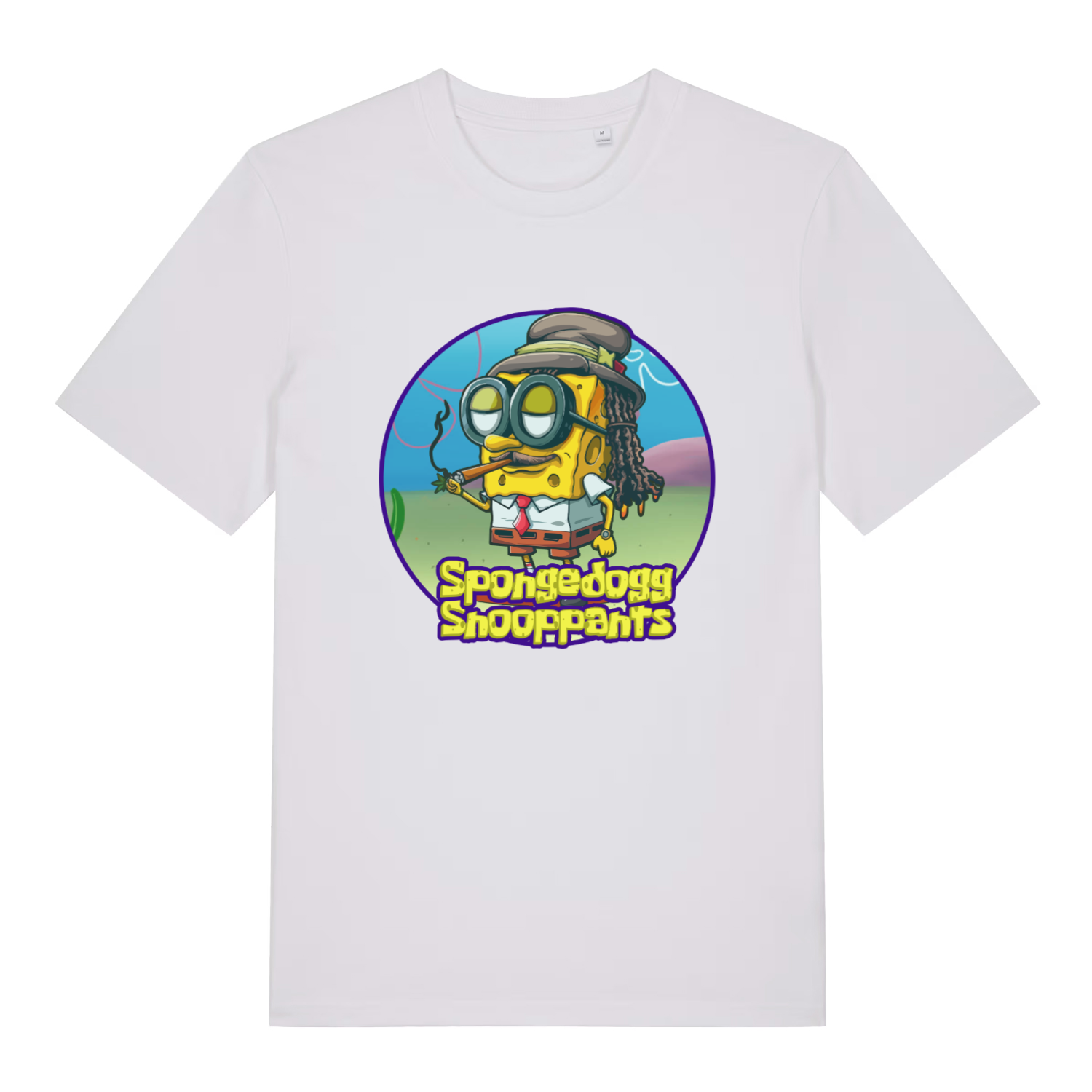 white women's graphic t-shirt with the graphic of spongebob dressed as snopp dogg and the slogan 'spongedogg snooppants'