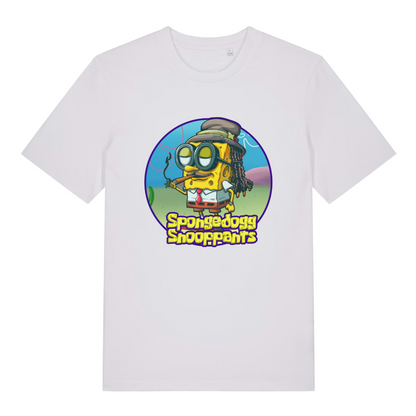 white women's graphic t-shirt with the graphic of spongebob dressed as snopp dogg and the slogan 'spongedogg snooppants'
