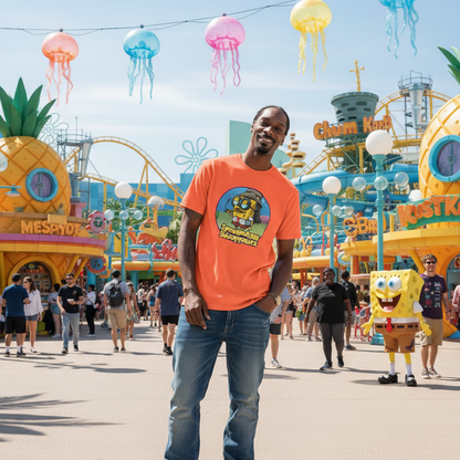 Man in an orange shirt with a cartoon character design at a theme park with colourful decorations and rides.
