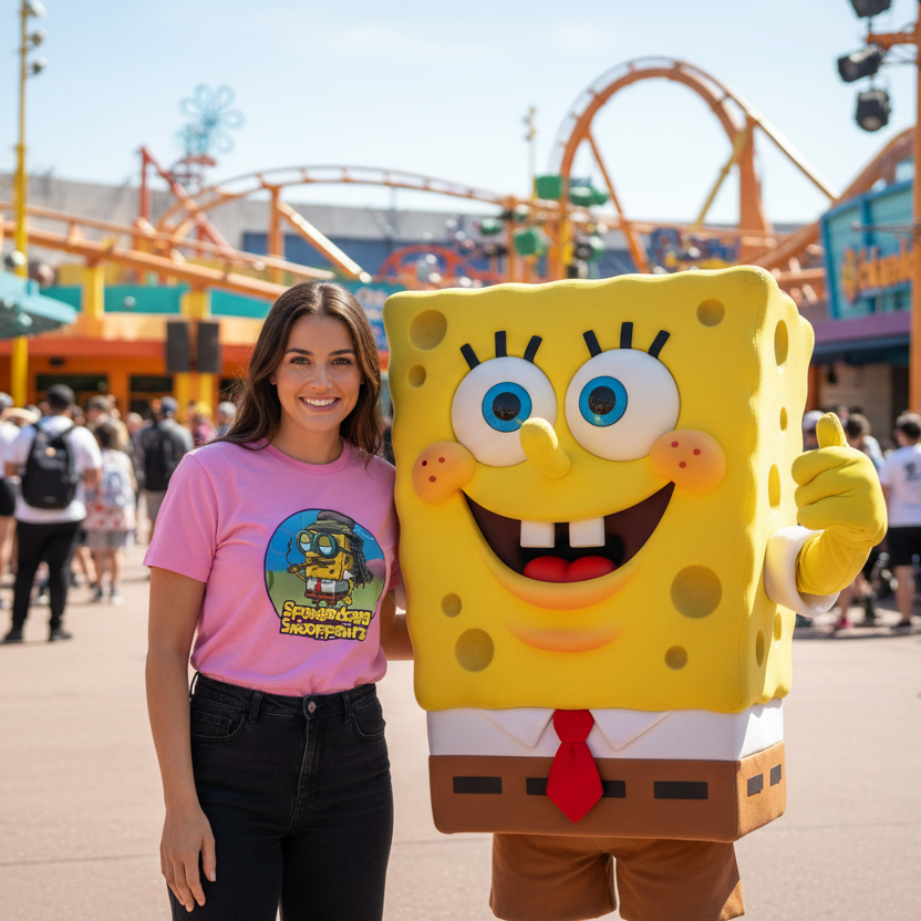 Woman in pink shirt with cartoon character at an amusement park