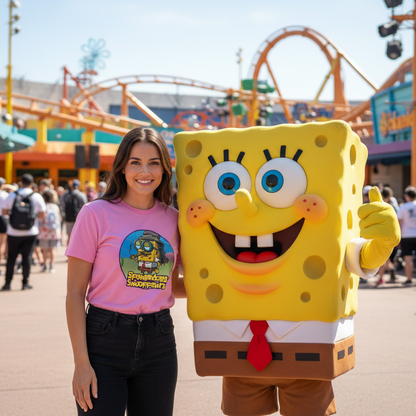 Woman in pink shirt with cartoon character at an amusement park