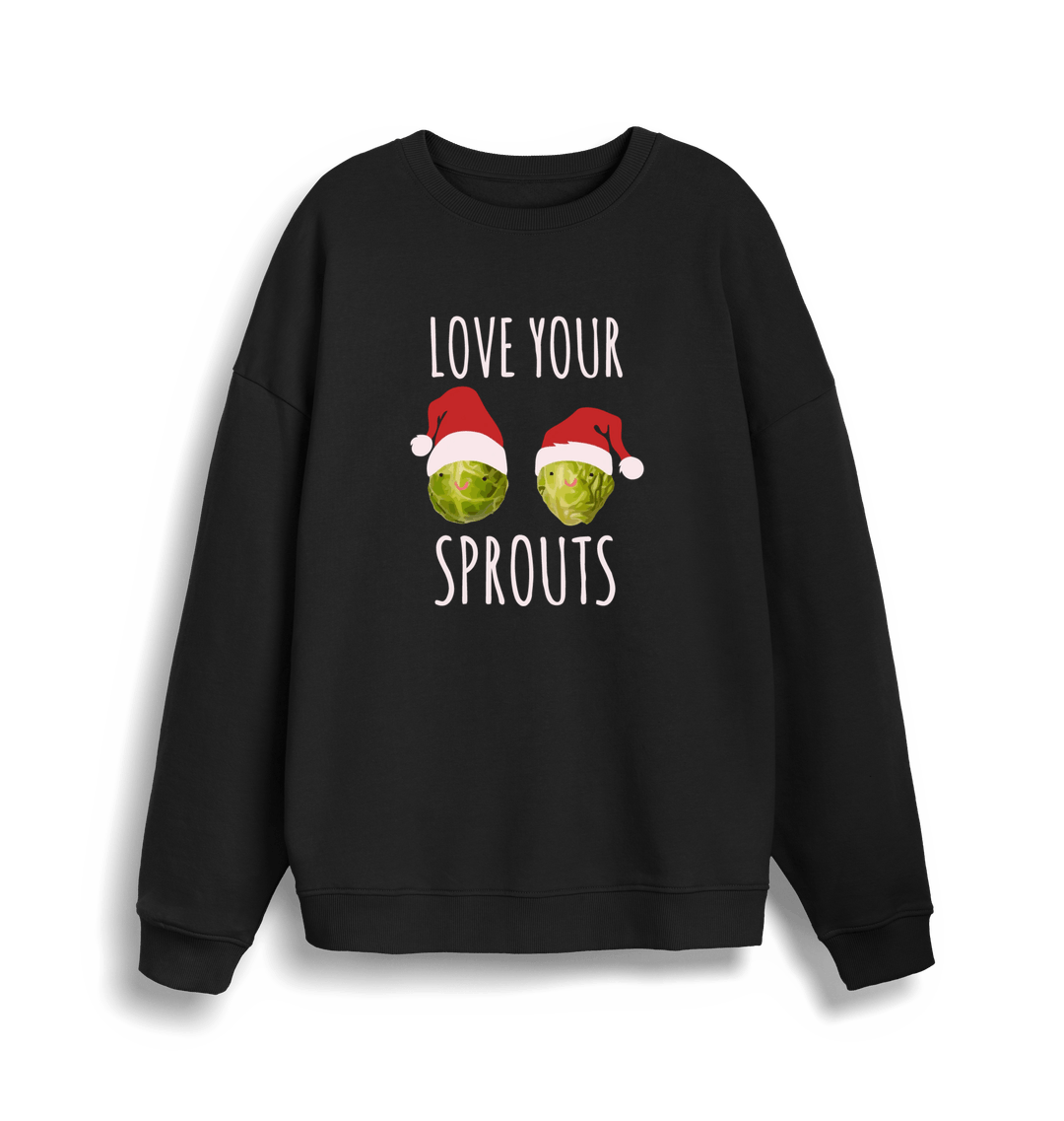 black christmas sweater with the graphic of two sprouts wearing santa hats and the slogan 'love your sprouts'