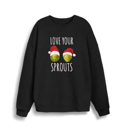 black christmas sweater with the graphic of two sprouts wearing santa hats and the slogan 'love your sprouts'