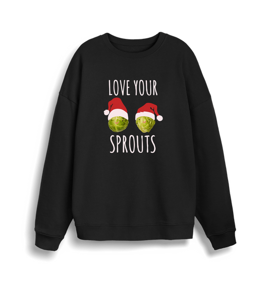 black christmas sweater with the graphic of two sprouts wearing santa hats and the slogan 'love your sprouts'