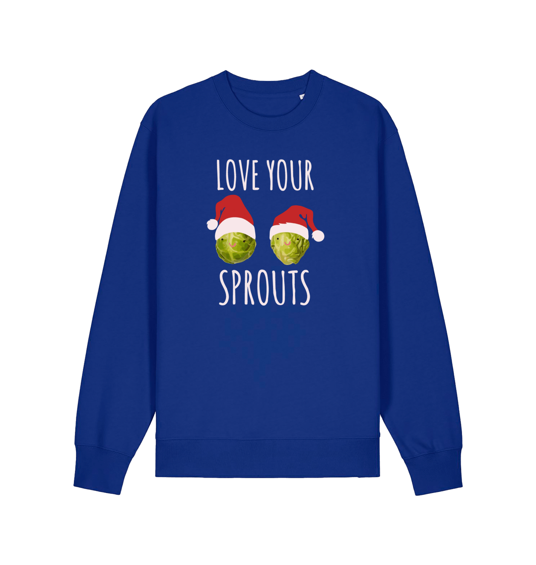 blue christmas sweater with the graphic of two sprouts wearing santa hats and the slogan 'love your sprouts'
