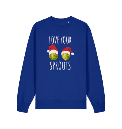 blue christmas sweater with the graphic of two sprouts wearing santa hats and the slogan 'love your sprouts'
