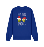 blue christmas sweater with the graphic of two sprouts wearing santa hats and the slogan 'love your sprouts'